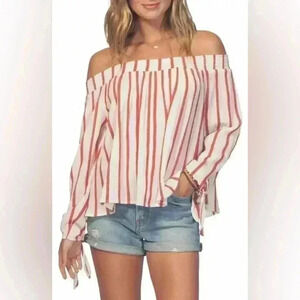 RIP CURL Women’s Small Red Striped Shoreside Off Shoulder Top Size Small